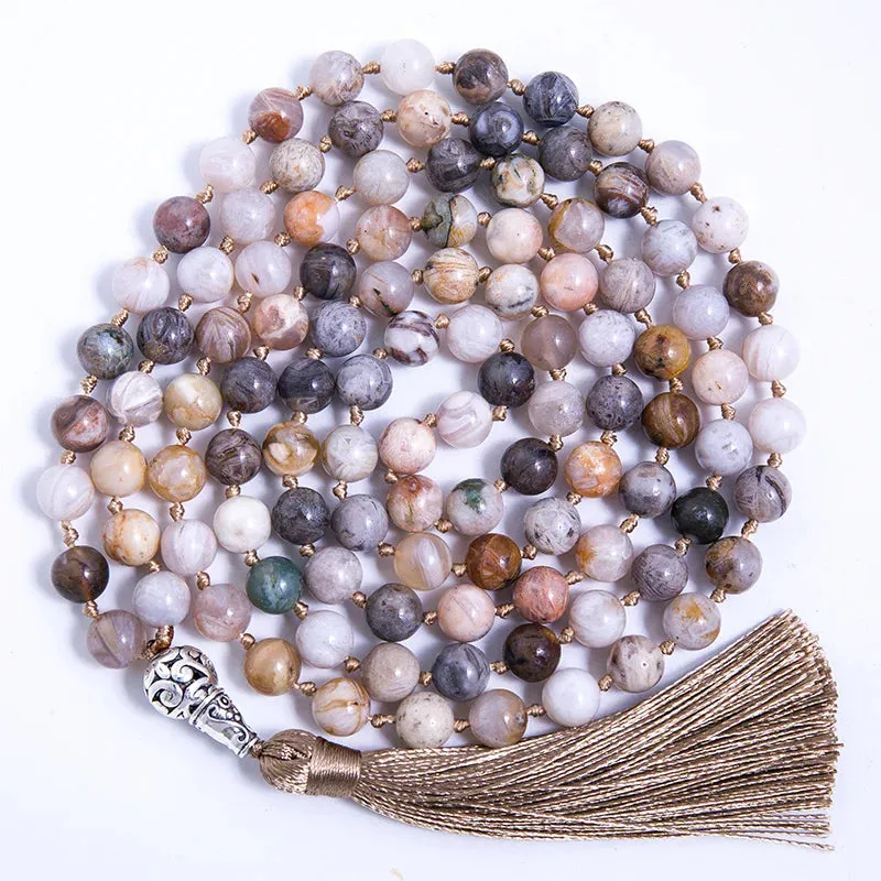 8mm Bamboo Leaf Agate Beaded Knotted Necklace Meditation Yoga Blessing Jewelry 108 Japamala Rosary
