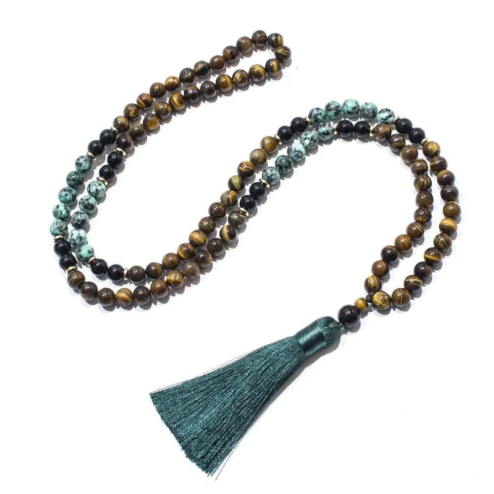 8mm Black Onyx African Turquoise Tiger Eye Beads 108 Mala Necklace Meditation Yoga Prayer Japamala Jewelry Set