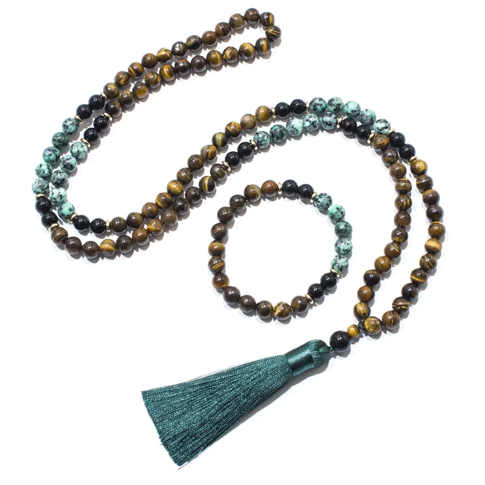 8mm Black Onyx African Turquoise Tiger Eye Beads 108 Mala Necklace Meditation Yoga Prayer Japamala Jewelry Set