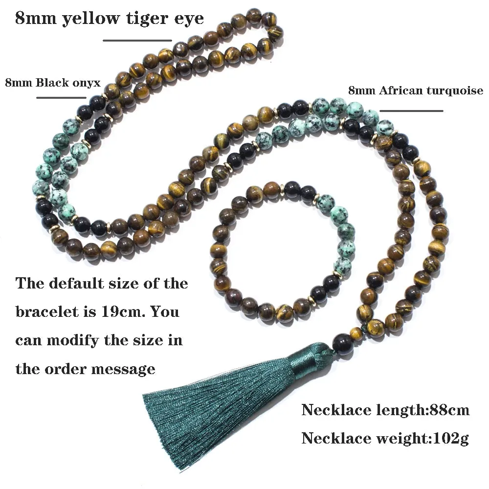 8mm Black Onyx African Turquoise Tiger Eye Beads 108 Mala Necklace Meditation Yoga Prayer Japamala Jewelry Set