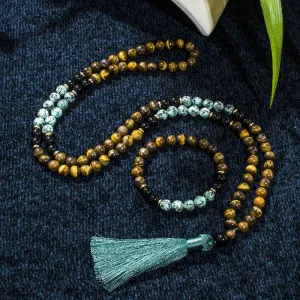 8mm Black Onyx African Turquoise Tiger Eye Beads 108 Mala Necklace Meditation Yoga Prayer Japamala Jewelry Set