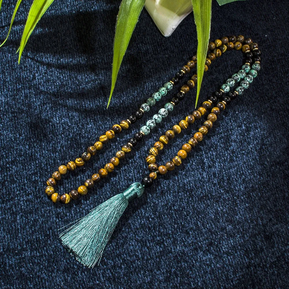 8mm Black Onyx African Turquoise Tiger Eye Beads 108 Mala Necklace Meditation Yoga Prayer Japamala Jewelry Set