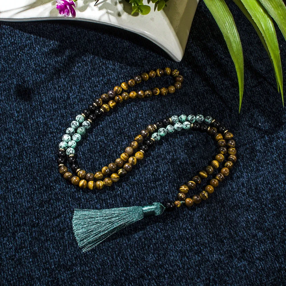 8mm Black Onyx African Turquoise Tiger Eye Beads 108 Mala Necklace Meditation Yoga Prayer Japamala Jewelry Set