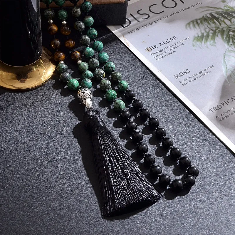 8mm Black Onyx African Turquoise Yellow Tiger Eye Beaded Knotted Necklace
