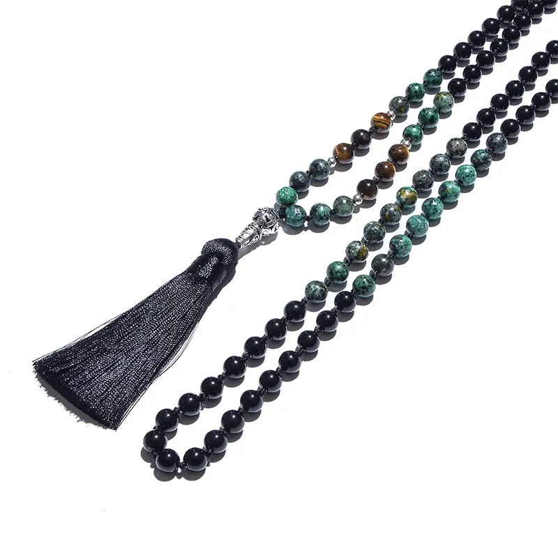 8mm Black Onyx African Turquoise Yellow Tiger Eye Beaded Knotted Necklace
