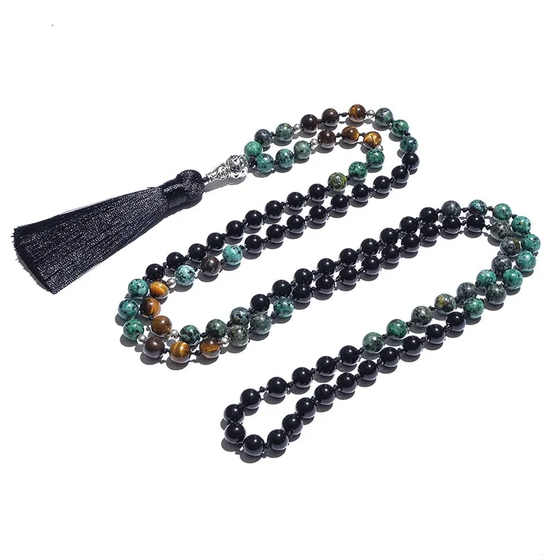 8mm Black Onyx African Turquoise Yellow Tiger Eye Beaded Knotted Necklace