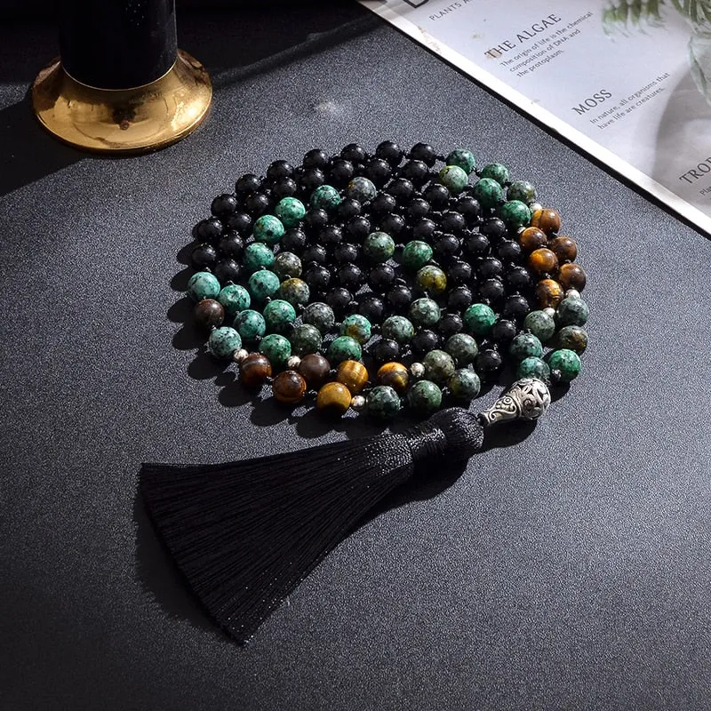 8mm Black Onyx African Turquoise Yellow Tiger Eye Beaded Knotted Necklace