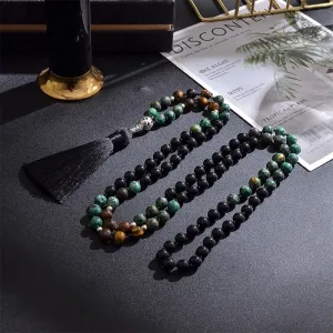 8mm Black Onyx African Turquoise Yellow Tiger Eye Beaded Knotted Necklace
