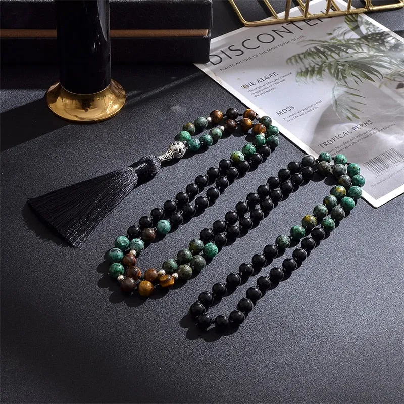 8mm Black Onyx African Turquoise Yellow Tiger Eye Beaded Knotted Necklace