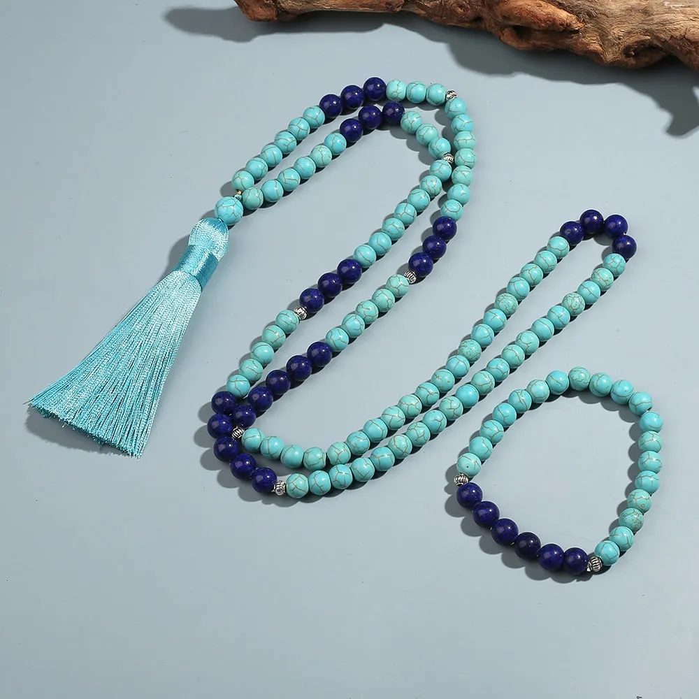 8mm Blue Turquoise Lapis Beaded Necklace Bracelet Set