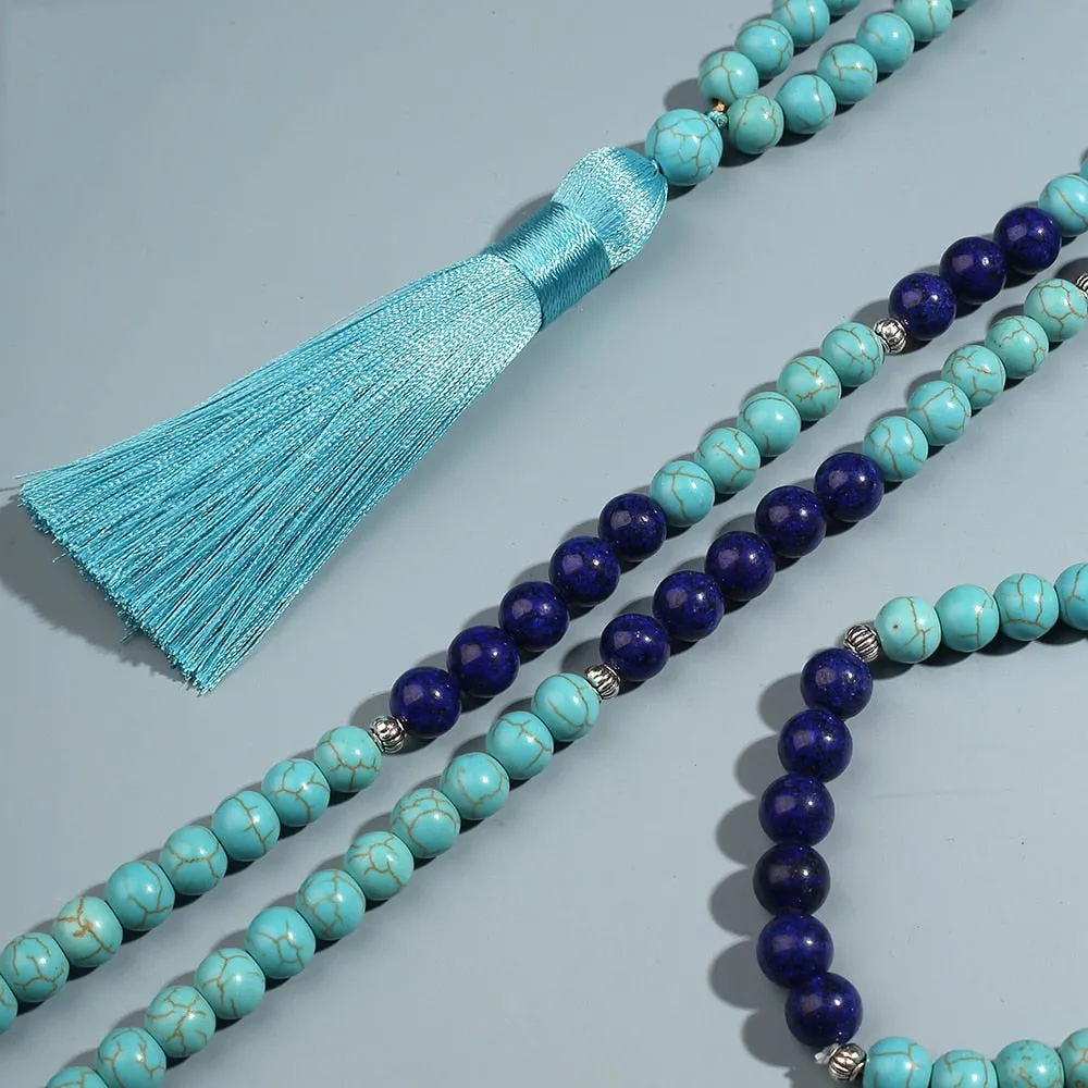 8mm Blue Turquoise Lapis Beaded Necklace Bracelet Set