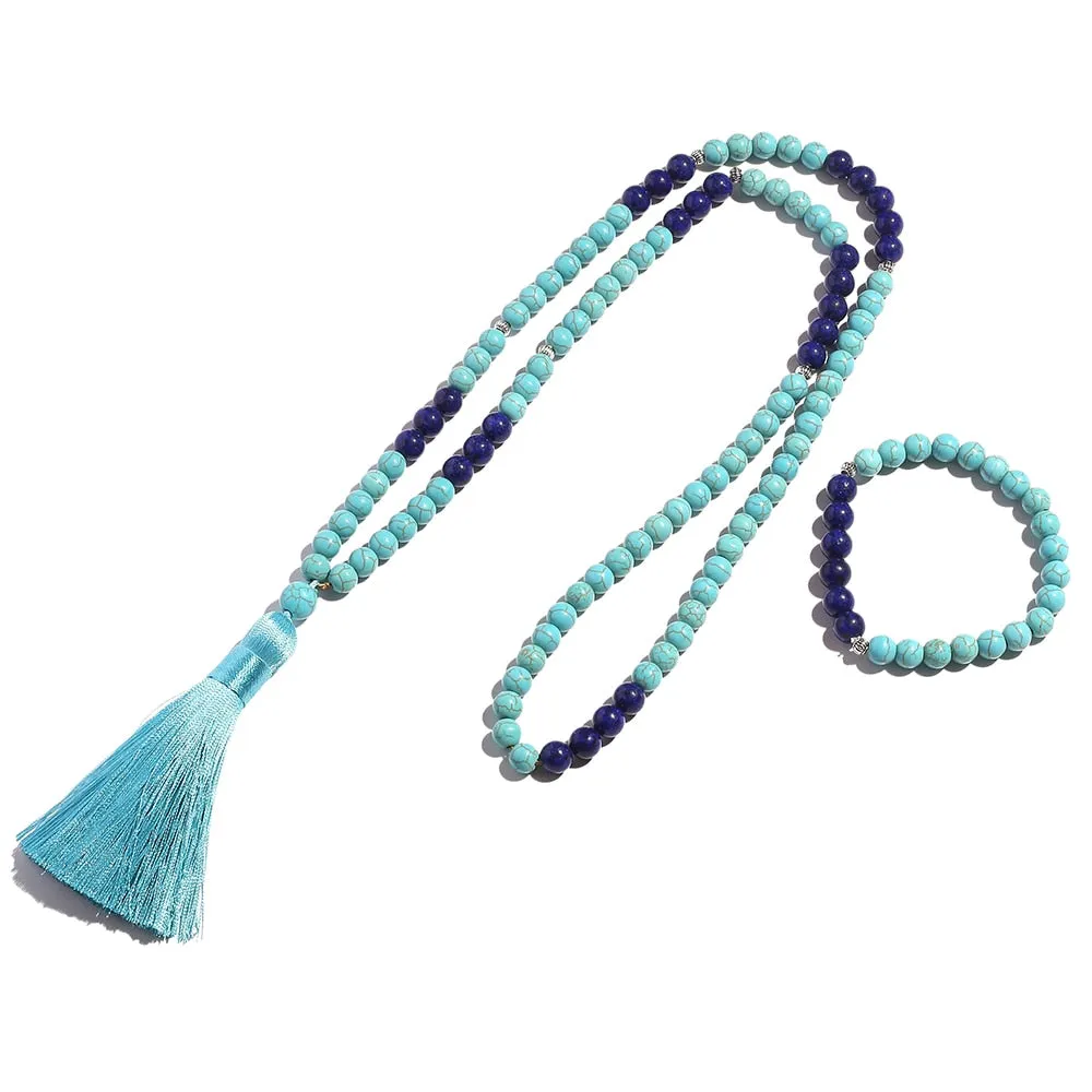 8mm Blue Turquoise Lapis Beaded Necklace Bracelet Set