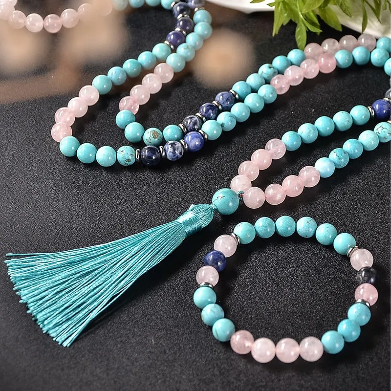 8mm Blue Turquoise Rose Quartz Blue Sodalite Beaded Mala Necklace