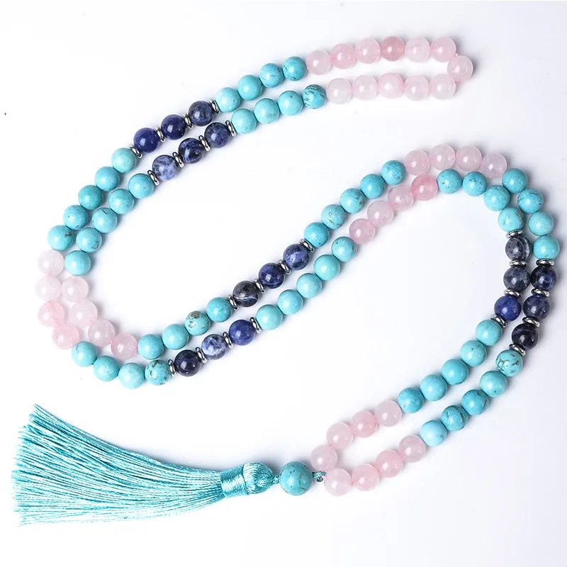 8mm Blue Turquoise Rose Quartz Blue Sodalite Beaded Mala Necklace