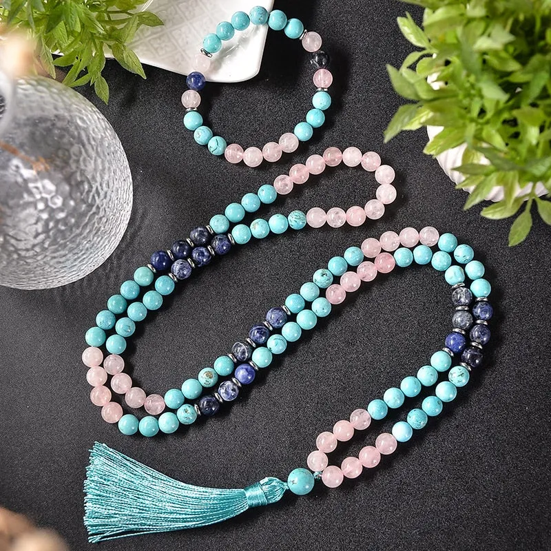 8mm Blue Turquoise Rose Quartz Blue Sodalite Beaded Mala Necklace