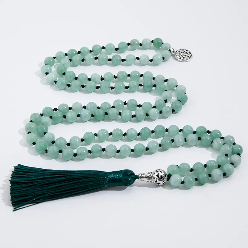 8mm Burmese Jade Knotted Beaded Mala Necklace Meditation Yoga Blessing Lucky Tibetan Jewelry