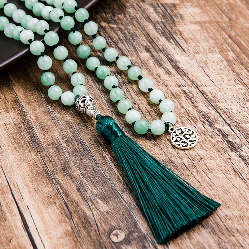 8mm Burmese Jade Knotted Beaded Mala Necklace Meditation Yoga Blessing Lucky Tibetan Jewelry