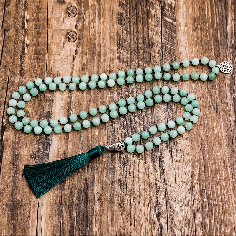 8mm Burmese Jade Knotted Beaded Mala Necklace Meditation Yoga Blessing Lucky Tibetan Jewelry