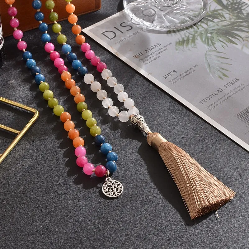 8mm Color Tourmaline White Jade Knotted Beads 108 Mala Necklace