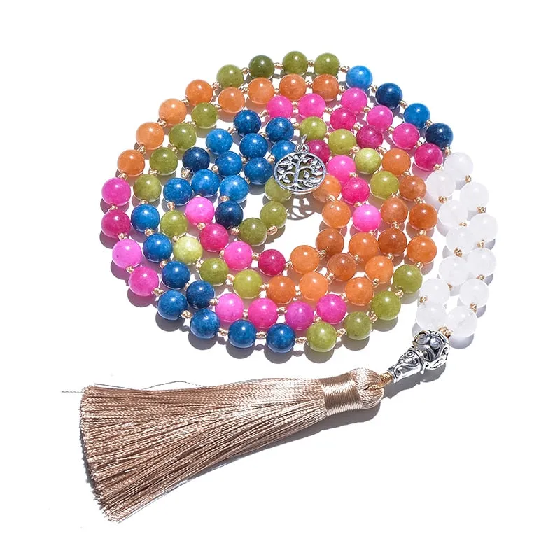 8mm Color Tourmaline White Jade Knotted Beads 108 Mala Necklace