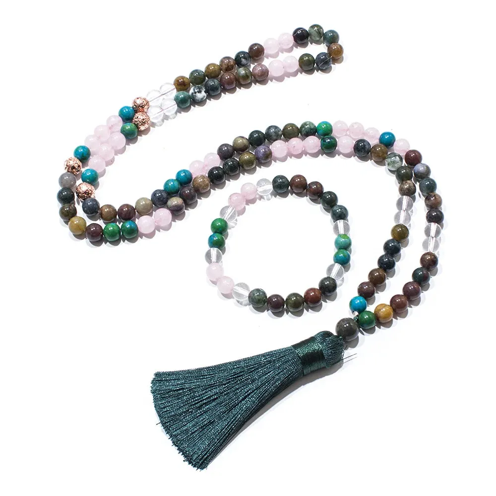 8mm Indian Agate 108 Mala Beaded Necklace Meditation Yoga Prayer Jewelry Set