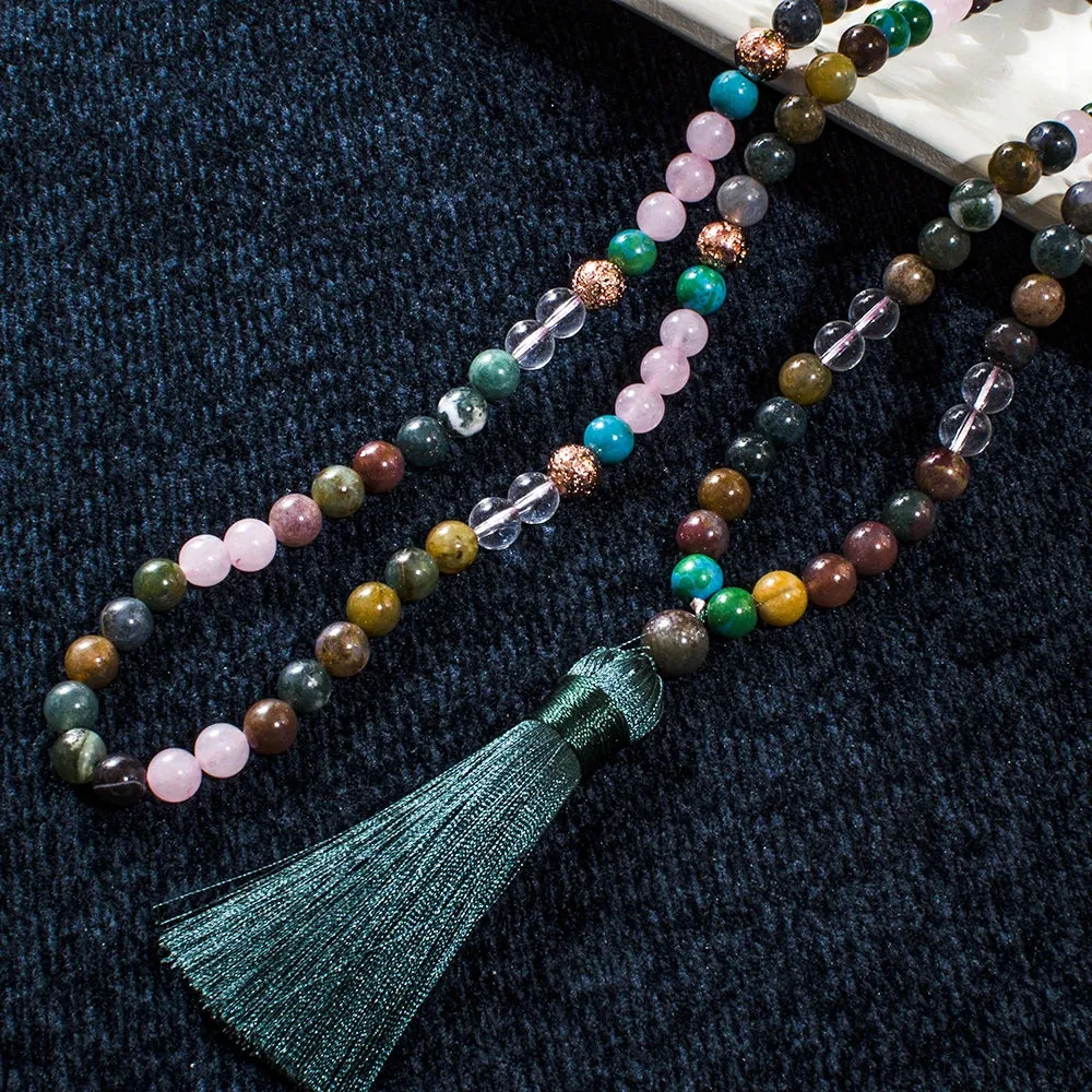 8mm Indian Agate 108 Mala Beaded Necklace Meditation Yoga Prayer Jewelry Set