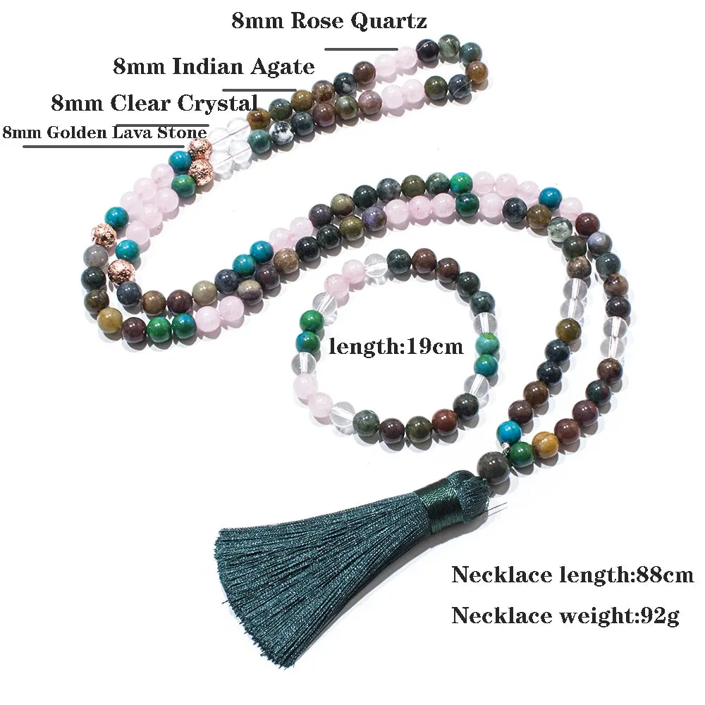 8mm Indian Agate 108 Mala Beaded Necklace Meditation Yoga Prayer Jewelry Set