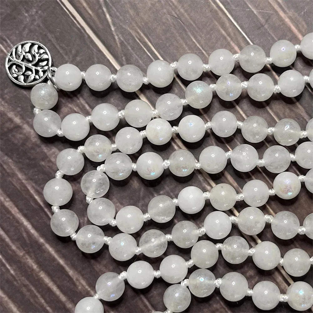 8mm Moon Stone Beaded Knot 108 Mala Necklace Bracelet Set