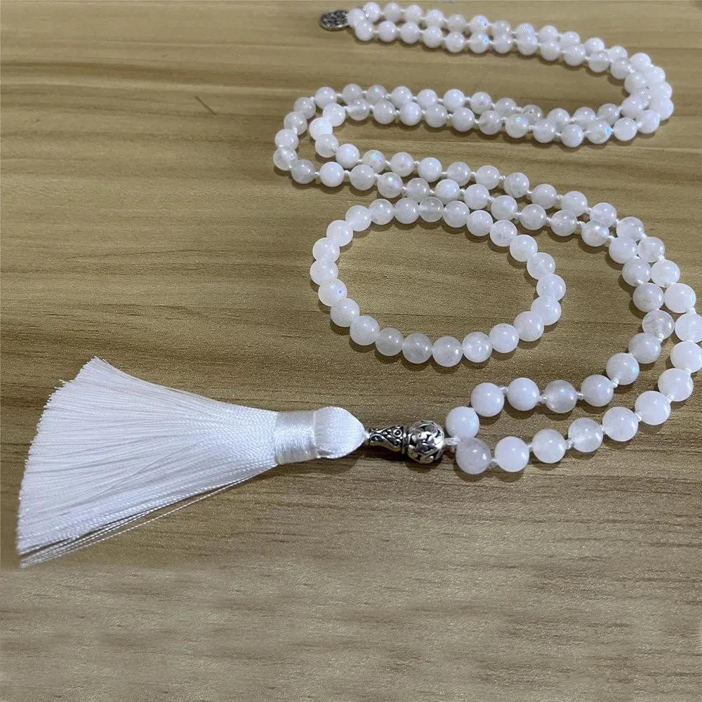 8mm Moon Stone Beaded Knot 108 Mala Necklace Bracelet Set