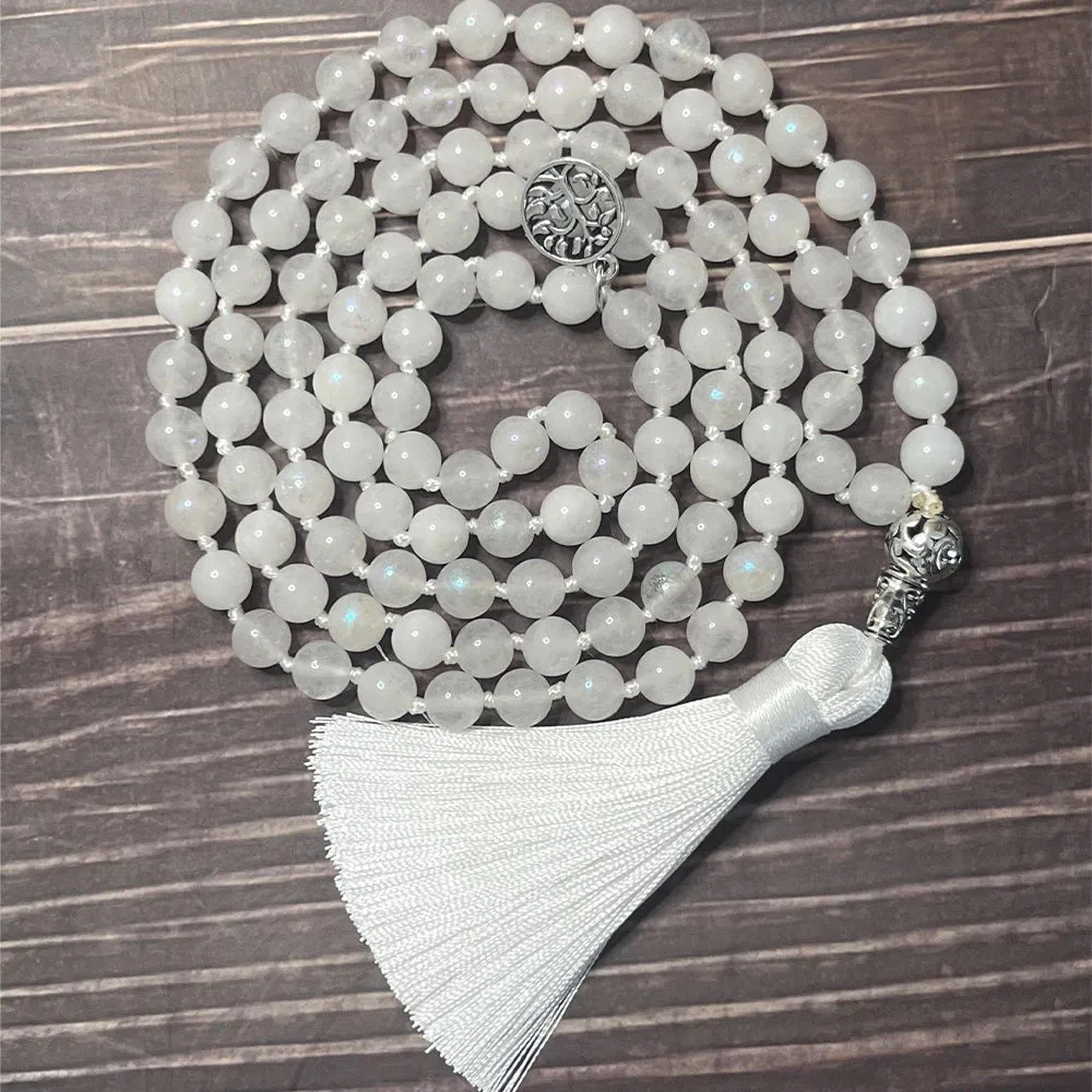 8mm Moon Stone Beaded Knot 108 Mala Necklace Bracelet Set