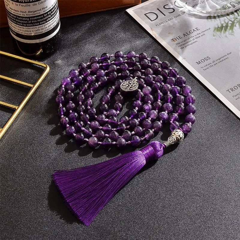 8mm Natural Amethyst Beads Knotted 108 Japa Mala Rosary Necklace Meditation Prayer Yoga Jewelry