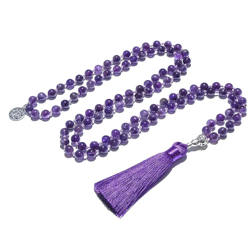 8mm Natural Amethyst Beads Knotted 108 Japa Mala Rosary Necklace Meditation Prayer Yoga Jewelry