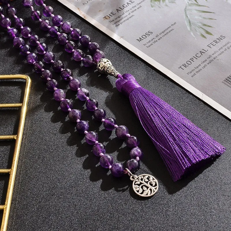 8mm Natural Amethyst Beads Knotted 108 Japa Mala Rosary Necklace Meditation Prayer Yoga Jewelry