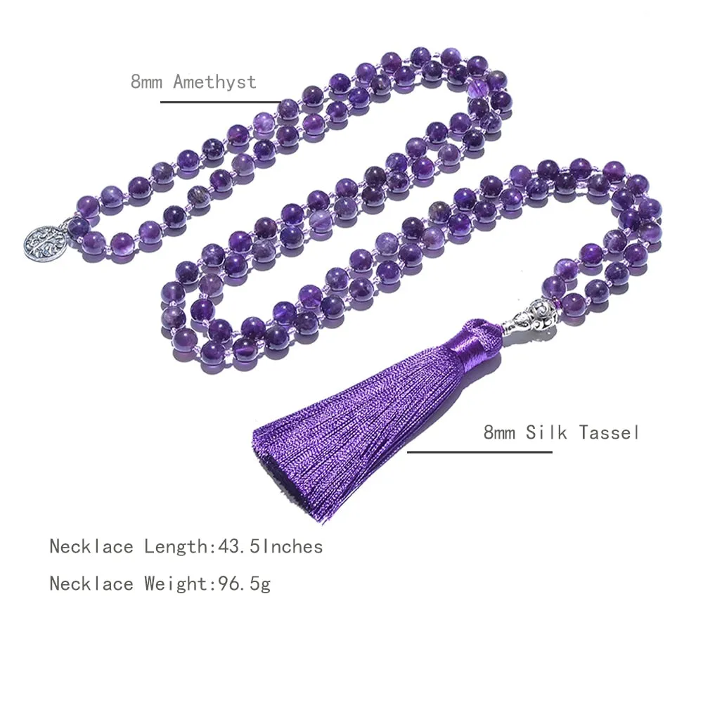 8mm Natural Amethyst Beads Knotted 108 Japa Mala Rosary Necklace Meditation Prayer Yoga Jewelry
