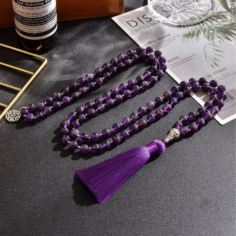 8mm Natural Amethyst Beads Knotted 108 Japa Mala Rosary Necklace Meditation Prayer Yoga Jewelry