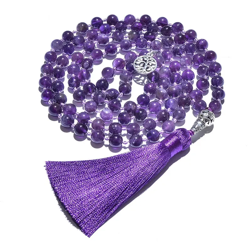8mm Natural Amethyst Beads Knotted 108 Japa Mala Rosary Necklace Meditation Prayer Yoga Jewelry