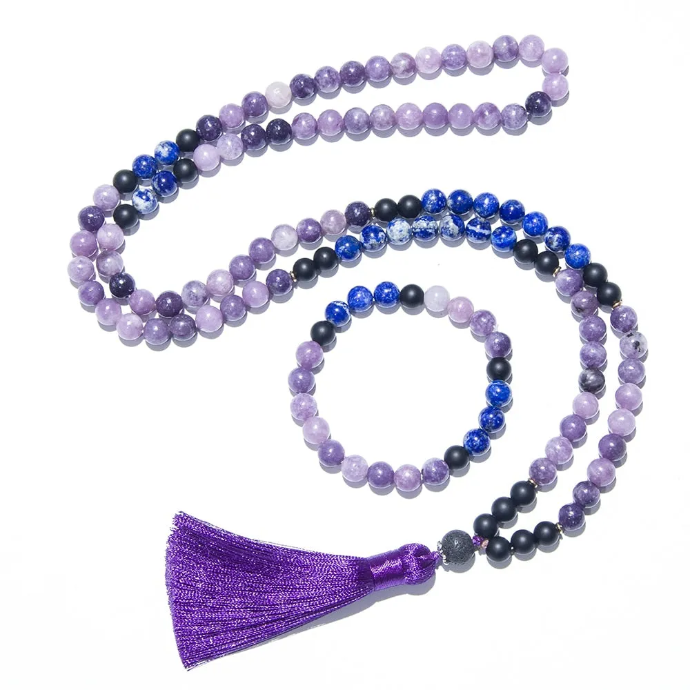 8mm Natural Lapis Lazuli Purple Mica Lepidolite Necklace 108 Mala Beads Necklace