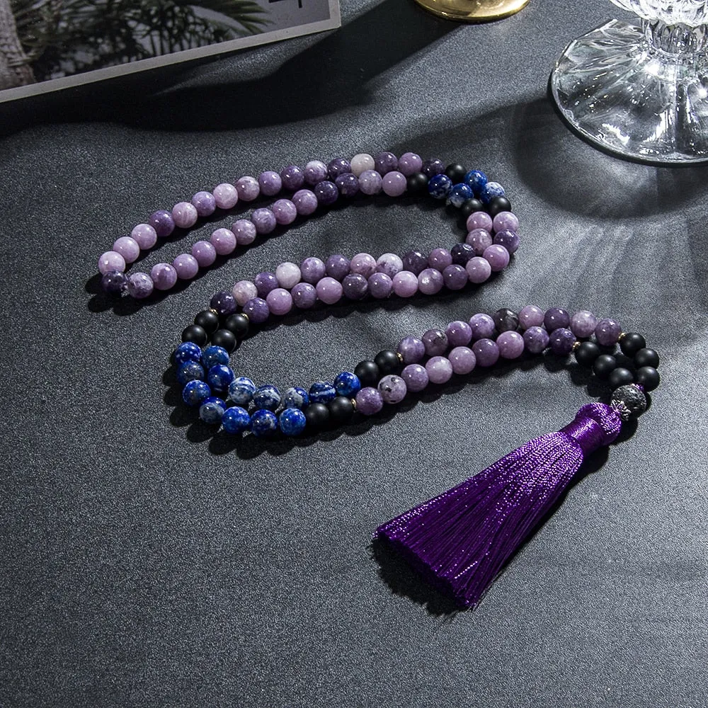 8mm Natural Lapis Lazuli Purple Mica Lepidolite Necklace 108 Mala Beads Necklace