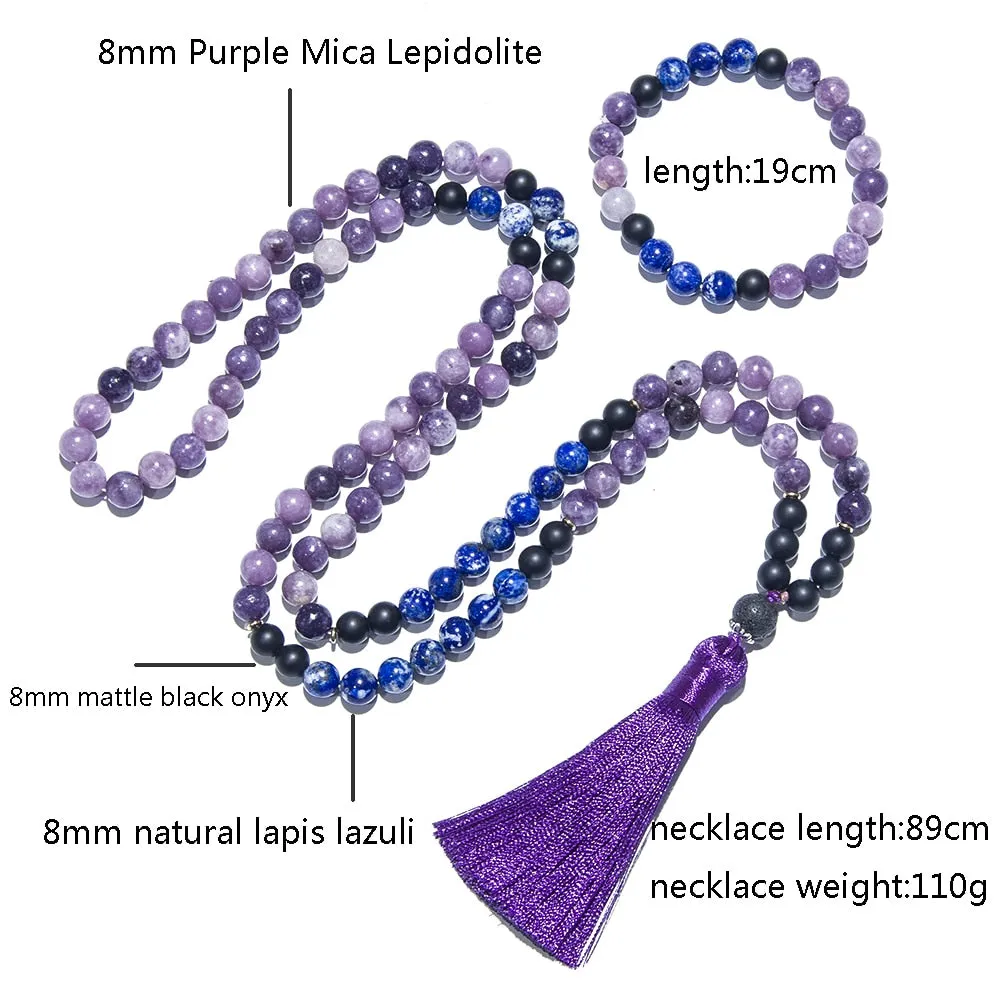 8mm Natural Lapis Lazuli Purple Mica Lepidolite Necklace 108 Mala Beads Necklace