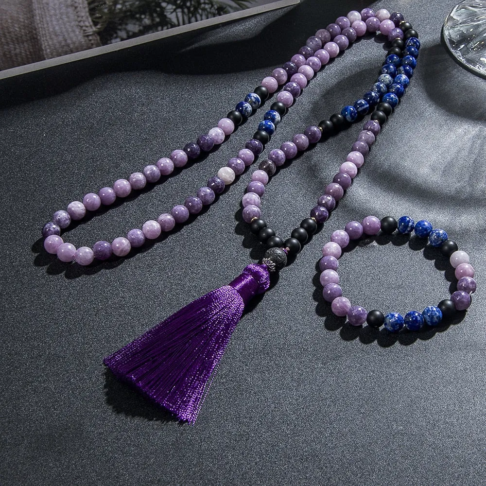 8mm Natural Lapis Lazuli Purple Mica Lepidolite Necklace 108 Mala Beads Necklace