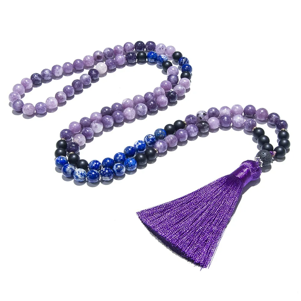 8mm Natural Lapis Lazuli Purple Mica Lepidolite Necklace 108 Mala Beads Necklace