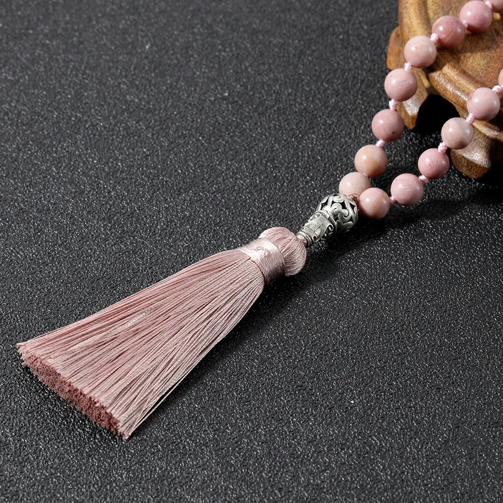 8mm Natural Rhodochrosite Beads Knotted 108 Mala Necklace Meditation Yoga Prayer
