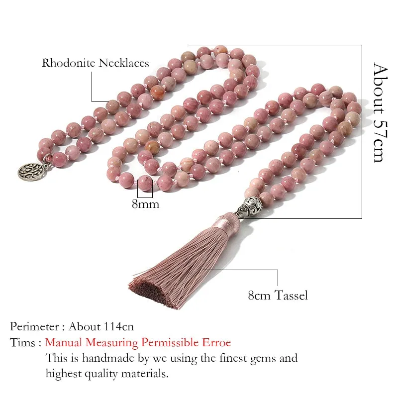 8mm Natural Rhodochrosite Beads Knotted 108 Mala Necklace Meditation Yoga Prayer