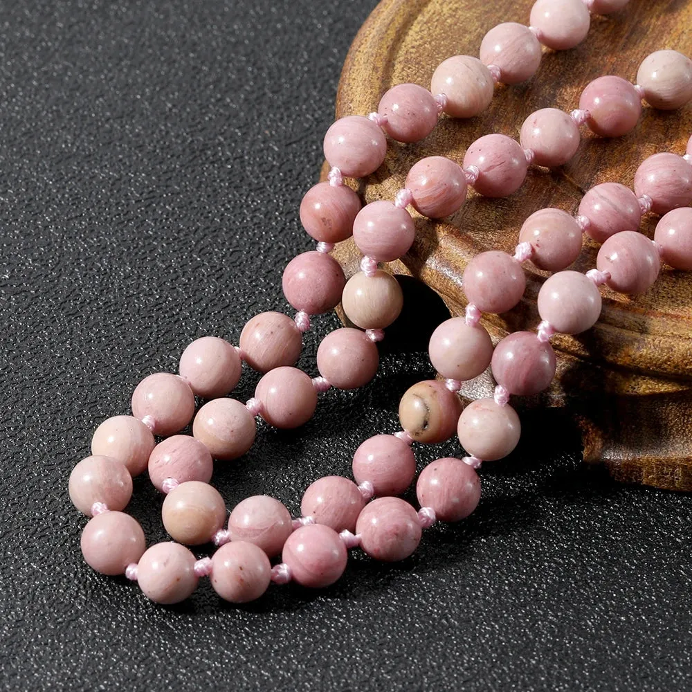 8mm Natural Rhodochrosite Beads Knotted 108 Mala Necklace Meditation Yoga Prayer