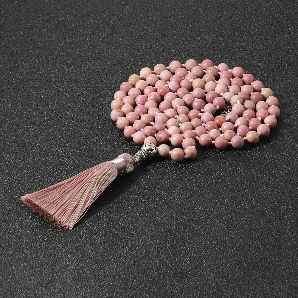 8mm Natural Rhodochrosite Beads Knotted 108 Mala Necklace Meditation Yoga Prayer
