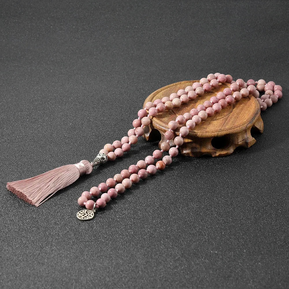 8mm Natural Rhodochrosite Beads Knotted 108 Mala Necklace Meditation Yoga Prayer