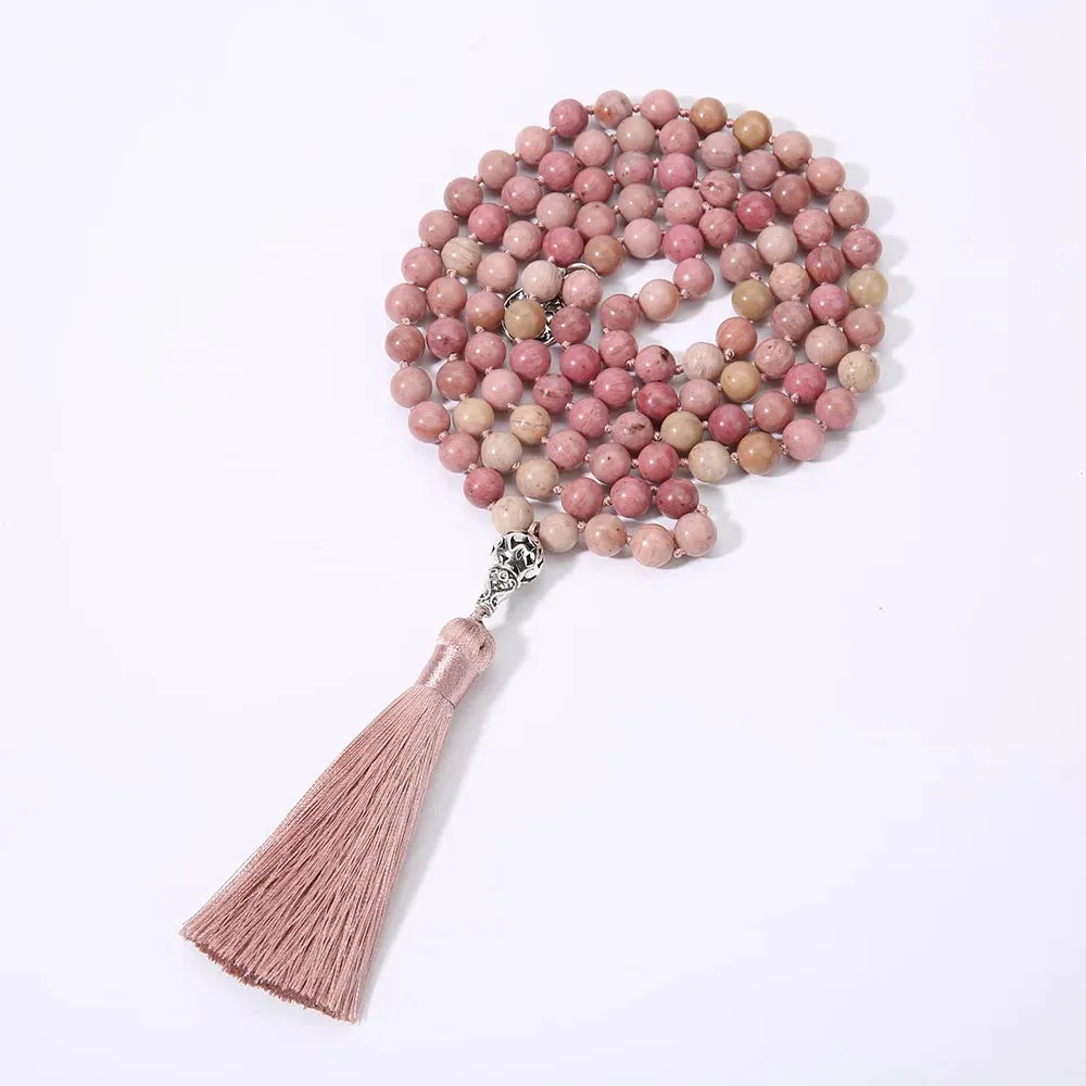8mm Natural Rhodochrosite Beads Knotted 108 Mala Necklace Meditation Yoga Prayer