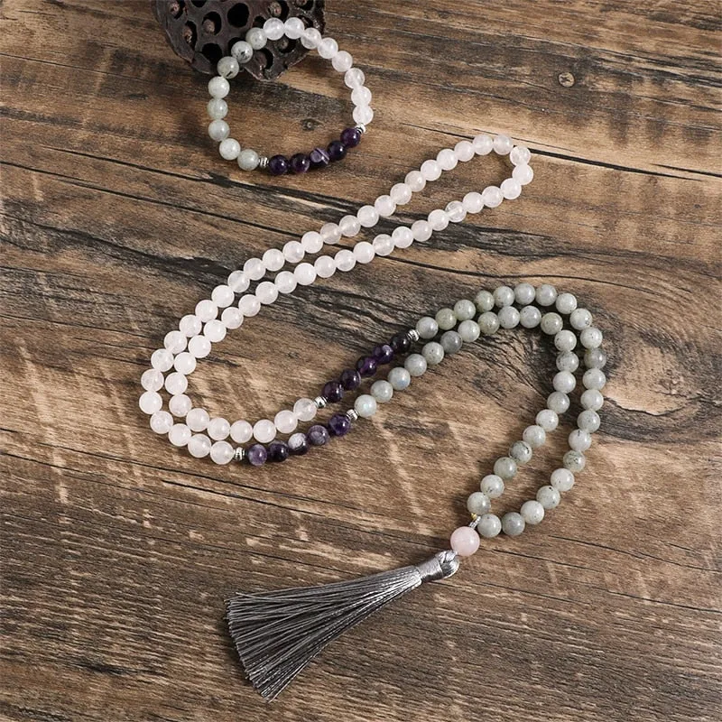 8mm Natural White Jade Labradorite Amethyst Necklace Bracelet