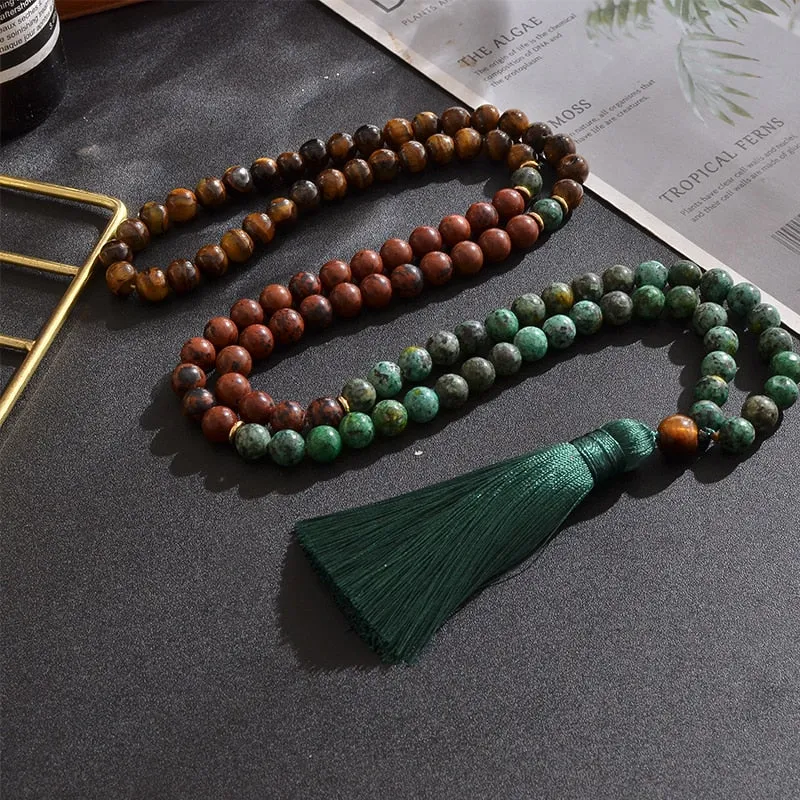 8mm Natural Yellow Tiger Eye Mahogany Obsidian African Turquoise Beaded Necklace