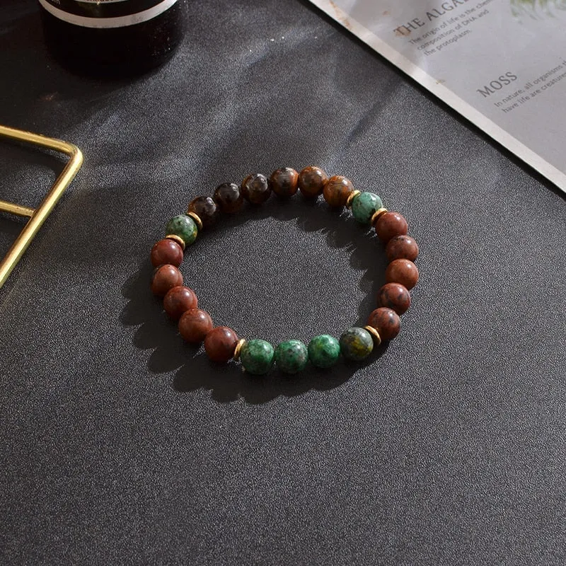 8mm Natural Yellow Tiger Eye Mahogany Obsidian African Turquoise Beaded Necklace